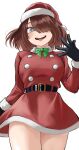  1girl absurdres alternate_costume black_gloves boku_no_hero_academia bow brown_eyes brown_hair christmas dress fengling_(furin-jp) fur-trimmed_dress fur-trimmed_gloves fur-trimmed_headwear fur_trim gloves green_bow hat highres komori_kinoko red_dress red_headwear santa_dress santa_gloves santa_hat solo symbol-shaped_pupils x-shaped_pupils 