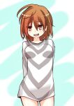 1girl accelerator_(toaru_majutsu_no_index) accelerator_(toaru_majutsu_no_index)_(cosplay) arms_behind_back blue_background breasts brown_eyes brown_hair commentary_request cosplay diagonal-striped_shirt diagonal_stripes feet_out_of_frame grey_shirt hair_between_eyes i.u.y long_sleeves looking_at_viewer medium_breasts medium_hair messy_hair misaka_worst open_mouth shirt slit_pupils smile solo standing striped striped_shirt teeth thighs toaru_majutsu_no_index toaru_majutsu_no_index:_new_testament upper_teeth_only 