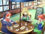  3girls ao_no_kiseki biscuit_(bread) blonde_hair braid brown_gloves cafe chiga_akira commission crown_braid eating eiyuu_densetsu elaine_auclair food fran_seeker gloves hat highres kuro_no_kiseki long_hair mixed-language_commentary multiple_girls napkin nun orange_hair outdoors pocky police_hat ries_argent sitting skeb_commission sora_no_kiseki traditional_nun twintails uniform zero_no_kiseki 