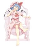  1girl absurdres ascot back_bow barefoot bloomers blue_hair blush bow commentary_request crossed_legs demon_wings embarrassed fang feet frilled_skirt frilled_sleeves frills full_body hair_between_eyes hand_up hat hat_bow highres index_finger_raised looking_at_viewer mob_cap o_o on_chair open_mouth pink_headwear pink_shirt pink_skirt puffy_short_sleeves puffy_sleeves red_ascot red_bow remilia_scarlet seika_okawari shirt short_eyebrows short_hair short_sleeves simple_background sitting skirt soles solo sweatdrop toes touhou v-shaped_eyebrows white_background wings 