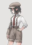  1girl bag black_hair brown_bag brown_headwear brown_shorts cabbie_hat collared_shirt commentary_request cowboy_shot flat_cap grey_background hand_on_own_hip hat highres long_sleeves necktie parted_lips peroponesosu. pointy_ears red_eyes red_necktie shameimaru_aya shameimaru_aya_(newsboy) shirt short_hair shorts shoulder_bag simple_background solo suspenders touhou white_shirt 