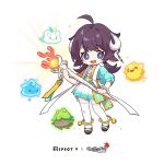  1girl absurdres ahoge animal_ears brown_hair chibi djmax highres holding holding_staff horns mamo_c maplestory non-web_source open_mouth play_(djmax) purple_eyes smile source_request staff thighhighs 
