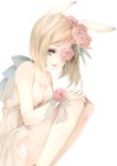  animal_ears blonde_hair blue_eyes breasts bunny_ears cleavage eyepatch flower hair_flower hair_ornament heart highres kai_(linking) original short_hair simple_background small_breasts solo squatting white_background 