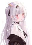  1girl :o black_ribbon character_request collar commission crown earrings grey_hair hakua_aa highres indie_virtual_youtuber jewelry looking_at_viewer mini_crown red_eyes ribbon simple_background skeb_commission solo two_side_up virtual_youtuber white_background 