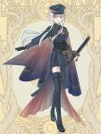  1girl :o belt black_gloves boots brown_cape cape cross-laced_footwear dairoku_ryouhei epaulettes full_body fuzukitouka gloves gradient_ascot hair_between_eyes hat highres holding holding_sword holding_weapon inon_lidoti katana long_hair long_sleeves looking_at_viewer multicolored_hair pale_skin sheath sheathed single_epaulette solo standing streaked_hair sword thigh_boots uniform weapon white_hair yellow_eyes 