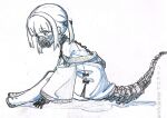  1girl blue_archive coat ein_(blue_archive) graphite_(medium) greyscale highres mask masshutake mechanical_hands mechanical_tail monochrome respirator simple_background sitting sketch solo symbol-shaped_pupils tail traditional_media twintails white_background x-shaped_pupils 