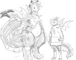 2019 ambiguous_gender anthro bag cheek_tuft chest_tuft clothed clothing digital_media_(artwork) dragon duo facial_tuft female_(lore) full-length_portrait fur furred_dragon grey_body greyscale hair hand_on_hip hoodie horn kali_(thorn_paw) looking_at_another monochrome partially_clothed portrait simple_background sketch slightly_chubby small_wings standing thorn_paw topwear tuft white_background wings