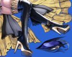  1girl black_footwear blue_background blue_headwear boots genshin_impact hat high_heel_boots high_heels highres knees_together_feet_apart lower_body lunart lying navia_(genshin_impact) on_side pleated_skirt shoe_soles simple_background skirt solo thighs tricorne yellow_skirt 