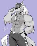 abs anthro black_and_grey bottomwear chest_tuft clothed clothing dragon facial_hair fangs fur hair hat headgear headwear hi_res horn koru lofnirv looking_at_viewer male monochrome muscular muscular_anthro muscular_male pants pecs pubes scalie simple_background solo tail teeth topless tuft whistle_(object)