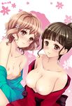  bad_id bad_pixiv_id bare_shoulders blush breasts brown_eyes brown_hair clothes_down collarbone flower hair_flower hair_ornament hanasaku_iroha large_breasts matsumae_ohana miiru multiple_girls nipples no_bra oshimizu_nako short_hair undressing 