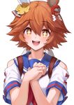  +_+ 1girl absurdres animal_ears backpack bag bare_shoulders clothing_cutout clover_hair_ornament daruma_doll hair_ornament hands_up highres horse_ears interlocked_fingers matikanefukukitaru_(umamusume) neckerchief open_mouth orange_hair own_hands_together red_neckerchief round_teeth sailor_collar shiro3necro shirt short_hair short_sleeves shoulder_cutout simple_background smi solo teeth umamusume upper_body upper_teeth_only white_background white_shirt yellow_eyes 