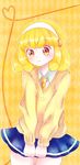  8hachio argyle argyle_background blonde_hair blue_dress brown_eyes dress hairband heart heart_of_string kise_yayoi necktie precure short_hair shy skirt smile_precure! solo sweater v_arms yellow yellow_background 