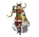  1boy absurdres animal_costume animal_ears antlers bow_(weapon) braid brown_hair cape claude_von_riegan claude_von_riegan(yuletide_schemer) dark-skinned_male dark_skin deer_ears earrings fire_emblem fire_emblem:_three_houses fire_emblem_heroes gift gold_cape green_cape green_eyes highres holding holding_bow_(weapon) holding_gift holding_weapon jewelry looking_at_viewer multicolored_cape multicolored_clothes nijihayashi official_alternate_costume official_art reindeer_antlers reindeer_costume sack single_braid smile solo weapon 