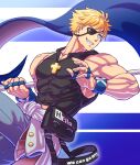  1boy blonde_hair blue_eyes covered_abs eyepatch flagpole guilty_gear guilty_gear_strive highres jewelry kamata_(etoileazuki) male_focus multiple_rings muscular muscular_male ring short_hair sin_kiske smile 