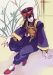  1boy absurdres baggy_pants black_hair chinese_clothes commentary_request expressionless fingernails full_body hat highres kotatsu_(g-rough) long_fingernails male_focus ofuda orange_eyes original pants purple_pants qingdai_guanmao red_nails signature solo wide_sleeves 