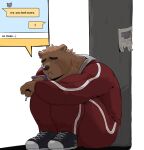 2023 absurd_res anthro bear black_nose bodily_fluids bottomwear brown_body brown_fur cellphone clothing crying electronics english_text fur hi_res hoodie kemono male mammal pants phone sad sitting smartphone solo tears text topwear warr