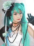  aqua_hair blue_eyes borrowed_design derivative_work doyora dress elbow_gloves eyebrows eyelashes flower gloves hair_flower hair_ornament hatsune_miku jewelry lips lipstick long_hair makeup necklace nose pearl_necklace realistic solo thick_eyebrows vocaloid white_dress 