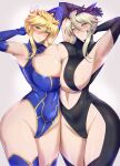  2girls areola_slip armpits arms_up artoria_pendragon_(fate) artoria_pendragon_(lancer)_(fate) artoria_pendragon_(lancer_alter)_(fate) black_bodysuit blonde_hair blue_gloves blue_leotard blue_thighhighs blush bodysuit breast_press closed_mouth commentary_request covered_navel covered_nipples cowboy_shot elbow_gloves fate/grand_order fate_(series) gloves grey_background grey_hair hair_between_eyes highleg highleg_leotard highres kumakichi_(cost-lost) leotard medium_hair multiple_girls sidelocks simple_background smile symmetrical_docking thighhighs thighs 