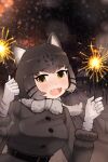  1girl animal_ears belt clothes dark_background fireworks gloves grey_hair happy highres kemono_friends night open_mouth pallas&#039;s_cat_(kemono_friends) snow snowing solo sparkle sparkler teeth white_gloves yellow_eyes 