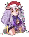  1girl a888_n22 black_bra bra breasts christmas_lights cleavage cleavage_cutout clothing_cutout cube dress fur-trimmed_headwear fur_trim gradient_hair grey_hair hair_ribbon hat henya_the_genius highres jacket long_bangs long_hair looking_at_viewer multicolored_hair purple_dress purple_hair purple_jacket purple_ribbon red_headwear ribbon santa_hat small_breasts smile solo two_side_up underwear very_long_hair virtual_youtuber vshojo yellow_eyes zipper_pull_tab 