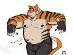 4_fingers absurd_res anthro belly black_nipples black_stripes blush claws clothed clothing english_text epic_games felid fingerless_gloves fingers fortnite fur gloves handwear hi_res looking_down male mammal musclegut muscular muscular_anthro muscular_male navel nipples orange_body orange_fur oscar_(fortnite) pantherine pecs pink_nose raised_arms simple_background smollsaid solo striped_body striped_fur stripes text tiger topless topless_male white_background yellow_sclera