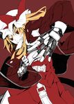 bad_id bad_pixiv_id belt belt_buckle biting blonde_hair buckle devil_may_cry fingerless_gloves flandre_scarlet gloves hat hat_ribbon jacket mouth_hold partially_colored red_background red_eyes ribbon short_hair side_ponytail simple_background skirt skirt_set smile solo torizousui touhou 