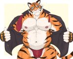 2023 absurd_res anthro arm_hair belly_hair body_hair bulge chest_hair chest_tuft clawed_fingers claws clothed clothing digital_media_(artwork) epic_games felid feline fortnite fur gloves handwear happy_trail hi_res isaacyote_(artist) jockstrap leg_hair looking_at_viewer male mammal musclegut muscular muscular_anthro muscular_male necktie nipples orange_body orange_fur oscar_(fortnite) pantherine pecs simple_background smile solo striped_body striped_fur stripes tail tiger tuft underwear undressing whiskers white_body white_fur