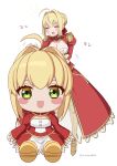  :d absurdres ahoge armor blonde_hair blush braid braided_bun breasts character_doll cleavage closed_eyes commentary_request dress epaulettes fate/extra fate_(series) full_body greaves hair_bun hair_intakes highres juliet_sleeves large_breasts long_sleeves nero_claudius_(fate) nero_claudius_(fate/extra) open_mouth puffy_sleeves red_dress see-through see-through_skirt signature simple_background single_hair_bun skirt smile twitter_username white_background yayoi_maka 