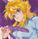  1girl blonde_hair blue_eyes breasts breath_of_fire breath_of_fire_ii feathered_wings feathers highres jewelry long_hair looking_at_viewer nina_(breath_of_fire_ii) open_mouth purple_wings simple_background smile solo susuko_(aitonikusimi) white_background wings 