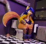 anthro bathroom bathroom-art_(artist) blue_hair bottomwear bottomwear_down breasts canid canine canis carmelita_fox city city_background cityscape clothed clothing feces female fox fur hair mammal nude pants pants_down partially_clothed pipe plunger scat sly_cooper_(series) solo sony_corporation sony_interactive_entertainment sucker_punch_productions tail toilet toilet_paper topwear warfare_machine window