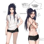  1girl black_bra black_eyes black_hair black_shorts bra breasts denggu_5 genderswap genderswap_(mtf) highres korean_text long_hair naruto naruto_(series) navel open_mouth red_eyes shirt shorts small_breasts spiked_hair stomach t-shirt tongue translation_request uchiha_sasuke underwear white_shirt 