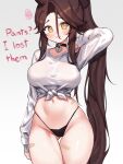  1girl arm_up ass_visible_through_thighs bandaid bandaid_on_stomach bandaid_on_thigh black_panties blush breasts brown_hair choker clenched_teeth cowboy_shot cowlick curvy english_text groin heart heart-shaped_pupils heart_choker highleg highleg_panties highres large_breasts long_hair long_sleeves looking_at_viewer messy_hair navel no_pants no_pupils orange_eyes original panties ponytail shirt simple_background sky_above_me smile solo squiggle symbol-shaped_pupils teeth thigh_gap tied_shirt underwear very_long_hair white_background white_shirt wide_hips 