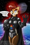 amazing angry animal_ears anthro aval0nx blue_eyes breasts crossover darth_vader death_egg english_text female hair helmet lightsaber looking_at_viewer red_hair sally_acorn sega sonic_(series) space_station star_wars suit text weapon 