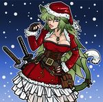  animal_ears bag belt blue_eyes breasts brooch buckle cat_ear cat_ears cat_tail catgirl christmas cleavage corset gloves green_hair jewelry jiejie lipstick makeup multiple_belts nail_polish painted_nails santa_costume slit_pupils snow sword tail tongue weapon 