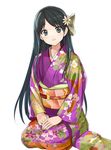 aqua_eyes black_hair blue_eyes blush copyright_request flower hair_flower hair_ornament hands_together japanese_clothes kimono long_hair looking_at_viewer matsui_hiroaki obi own_hands_together purple_kimono sash seiza simple_background sitting smile solo white_background 