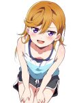  1girl bare_shoulders black_shorts blue_tank_top blush borgbutler breasts cleavage collarbone commentary_request dolphin_shorts hair_between_eyes hands_on_own_thighs highres leaning_forward long_hair looking_at_viewer love_live! love_live!_superstar!! open_mouth orange_hair purple_eyes round_teeth shibuya_kanon shirt shorts simple_background sleeveless sleeveless_shirt small_breasts solo tank_top teeth tongue two-tone_shirt upper_body upper_teeth_only white_background white_tank_top 