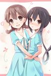  alternate_hairstyle bad_id bad_pixiv_id black_hair blue_dress braid brown_eyes brown_hair dress hirasawa_yui hug k-on! k-on!_movie kyuri long_hair multiple_girls nakano_azusa short_hair singing! twin_braids 