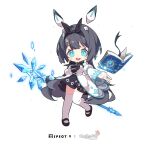  1girl absurdres bare_shoulders black_hair black_ribbon blue_eyes book chibi djmax dress floating_headgear hair_between_eyes hair_ornament headgear highres holding holding_staff lena_(djmax) mamo_c maplestory non-web_source open_book open_mouth puffy_sleeves ribbon sleeves_past_wrists smile source_request staff 