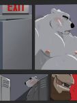 anthro ape bear bin_(artist) bodily_fluids bruised chubby_male drooling exit_sign haplorhine licking licking_lips locker_room male mammal musclegut muscular muscular_male nipples polar_bear primate saliva slightly_chubby smile sweat tongue tongue_out ursine