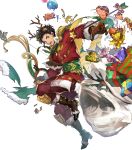  1boy animal_costume animal_ears antlers bow_(weapon) braid brown_hair cape claude_von_riegan claude_von_riegan(yuletide_schemer) damaged dark-skinned_male dark_skin deer_ears earrings fire_emblem fire_emblem:_three_houses fire_emblem_heroes gold_cape green_cape green_eyes highres holding holding_bow_(weapon) holding_weapon jewelry multicolored_cape multicolored_clothes nijihayashi non-web_source official_alternate_costume official_art open_mouth reindeer_antlers reindeer_costume single_braid solo teeth torn_bag torn_cape torn_clothes weapon 