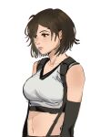  alternate_hairstyle black_hair breasts brown_eyes crop_top elbow_gloves final_fantasy final_fantasy_vii final_fantasy_vii_rebirth final_fantasy_vii_remake gloves large_breasts looking_to_the_side navel pudelmudel short_hair simple_background sports_bra suspenders tank_top tifa_lockhart white_background white_tank_top 