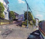  artist_name blue_sky building chain-link_fence cloud colored_pencil_(medium) commentary_request day fence grate hayashi_ryouta manhole no_humans original outdoors photorealistic power_lines real_world_location realistic road scenery sewer_grate sky street traditional_media traffic_mirror tree 