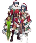  1boy 1girl bare_shoulders black_footwear black_gloves blue_eyes blue_hair brooch byleth_(female)_(fire_emblem) byleth_(female)_(frosty_professor)_(fire_emblem) byleth_(fire_emblem) byleth_(male)_(fire_emblem) byleth_(male)_(frosty_professor)_(fire_emblem) cape character_doll doll dual_persona fire_emblem fire_emblem:_three_houses fire_emblem_heroes fur-trimmed_cape fur_trim gloves green_cape hat highres holding holding_doll holding_sword holding_weapon holly jewelry looking_at_viewer medium_hair midriff navel non-web_source official_alternate_costume official_art pantyhose red_cape santa_costume santa_hat smile sothis_(fire_emblem) suzuki_iori sword weapon white_footwear white_gloves 