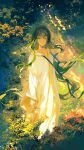  1boy absurdly_long_hair androgynous cangchen enkidu_(fate) fate/strange_fake fate_(series) flower green_eyes green_hair hair_between_eyes highres holding holding_flower long_hair long_sleeves looking_at_viewer male_focus nature robe smile solo standing very_long_hair white_robe 