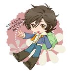  ar_(rikuesuto) banagher_links boots brown_eyes brown_hair chibi gundam gundam_unicorn haro hood hoodie jacket male_focus solo 