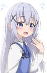  1girl blue_bow blue_hair blue_vest blush bow collared_shirt commentary_request flying_sweatdrops from_side gochuumon_wa_usagi_desu_ka? hair_between_eyes hair_ornament hand_up highres kafuu_chino long_hair long_sleeves looking_at_viewer looking_to_the_side open_mouth puffy_long_sleeves puffy_sleeves purple_eyes rabbit_house_uniform shirt simple_background solo takasuma_hiro uniform upper_body very_long_hair vest waitress white_background white_shirt x_hair_ornament 