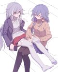  2girls aran_sweater black_jacket blue_skirt brown_pantyhose brown_sweater cable_knit cellphone closed_mouth commentary_request couch feet_out_of_frame fu_hua glasses grey_hair highres holding holding_phone honkai_(series) honkai_impact_3rd jacket multicolored_hair multiple_girls no_shoes off_shoulder on_couch open_clothes open_jacket pantyhose phone pleated_skirt pulled_by_another red-framed_eyewear red_eyes red_skirt semi-rimless_eyewear shirt sitting sitting_on_lap sitting_on_person skirt soles streaked_hair sweater thighhighs thighhighs_pull turtleneck turtleneck_sweater under-rim_eyewear white_hair white_shirt white_thighhighs zhaonan 