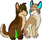 2014 aliasing alpha_channel blue_inner_ear blue_nose bluekyokitty brown_body brown_fur canid canine canis cardigan_welsh_corgi digital_drawing_(artwork) digital_media_(artwork) domestic_dog duo eyes_closed feral flat_colors full-length_portrait fur green_eyes green_markings green_nose herding_dog looking_at_another low_res mammal markings one_ear_up pastoral_dog paws portrait sebdoggo simple_background sitting smile snout tail tan_body tan_fur thumbnail transparent_background welsh_corgi