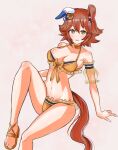  +_+ 1girl alternate_costume animal_ears armband bikini blush bow breasts brown_hair choker cleavage clover_hair_ornament commentary_request daruma_doll ear_covers ears_down feet flipped_hair foot_out_of_frame four-leaf_clover_hair_ornament hair_between_eyes hair_ornament highres horse_ears horse_girl horse_tail knee_up large_breasts matikanefukukitaru_(umamusume) navel orange_bikini orange_bow sandals short_hair simple_background single_ear_cover smile solo swimsuit tail toes umamusume vandy76 yellow_choker yellow_eyes 