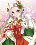  1girl blue_eyes breasts character_doll cleavage edelgard_von_hresvelg edelgard_von_hresvelg_(snowfall_future) fake_horns fire_emblem fire_emblem:_three_houses fire_emblem_heroes gloves highres horns kakiko210 long_hair medium_breasts mistletoe_hair_ornament official_alternate_costume official_art smile solo white_gloves white_hair 